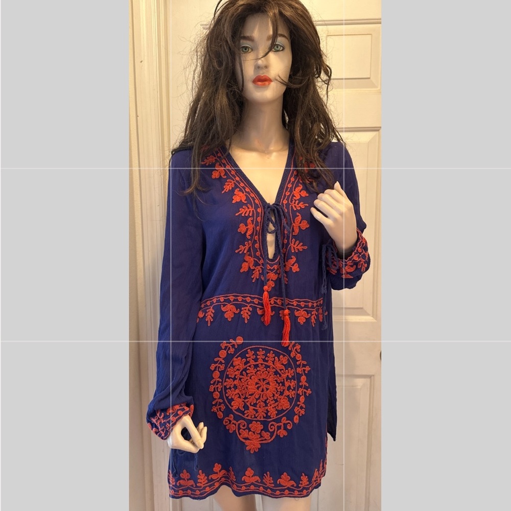 Rise & Bloom Women's Navy Blue Boho Tunic w/ Orange Embroidered Flowers Size XL